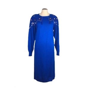 Vintage 80s Cobalt Blue Beaded Sweater Dress Maxi XS Small M western glam